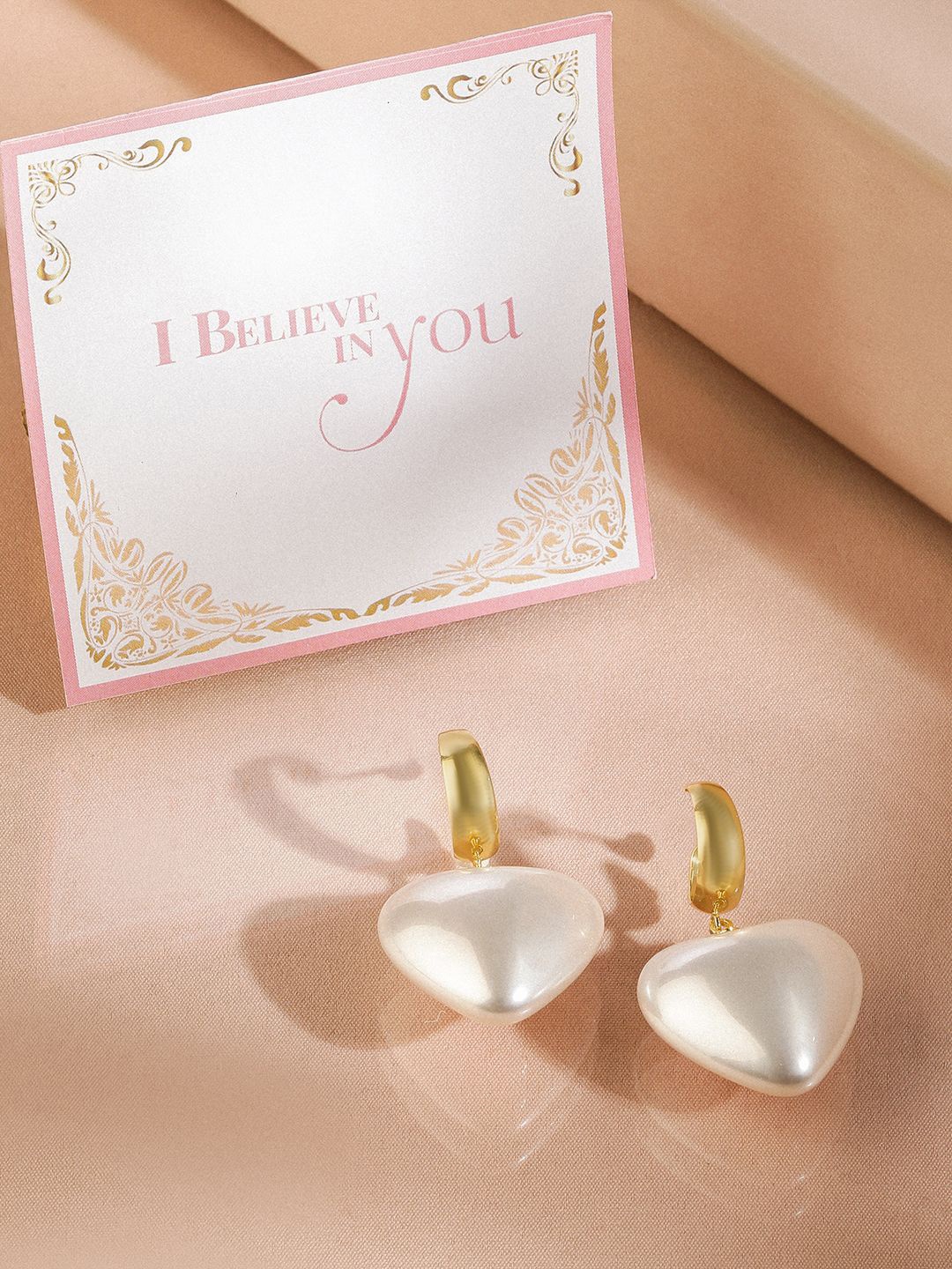 

Rubans Valentine's 18K Gold Plated Shiny White Pearl Heart Drop Earrings