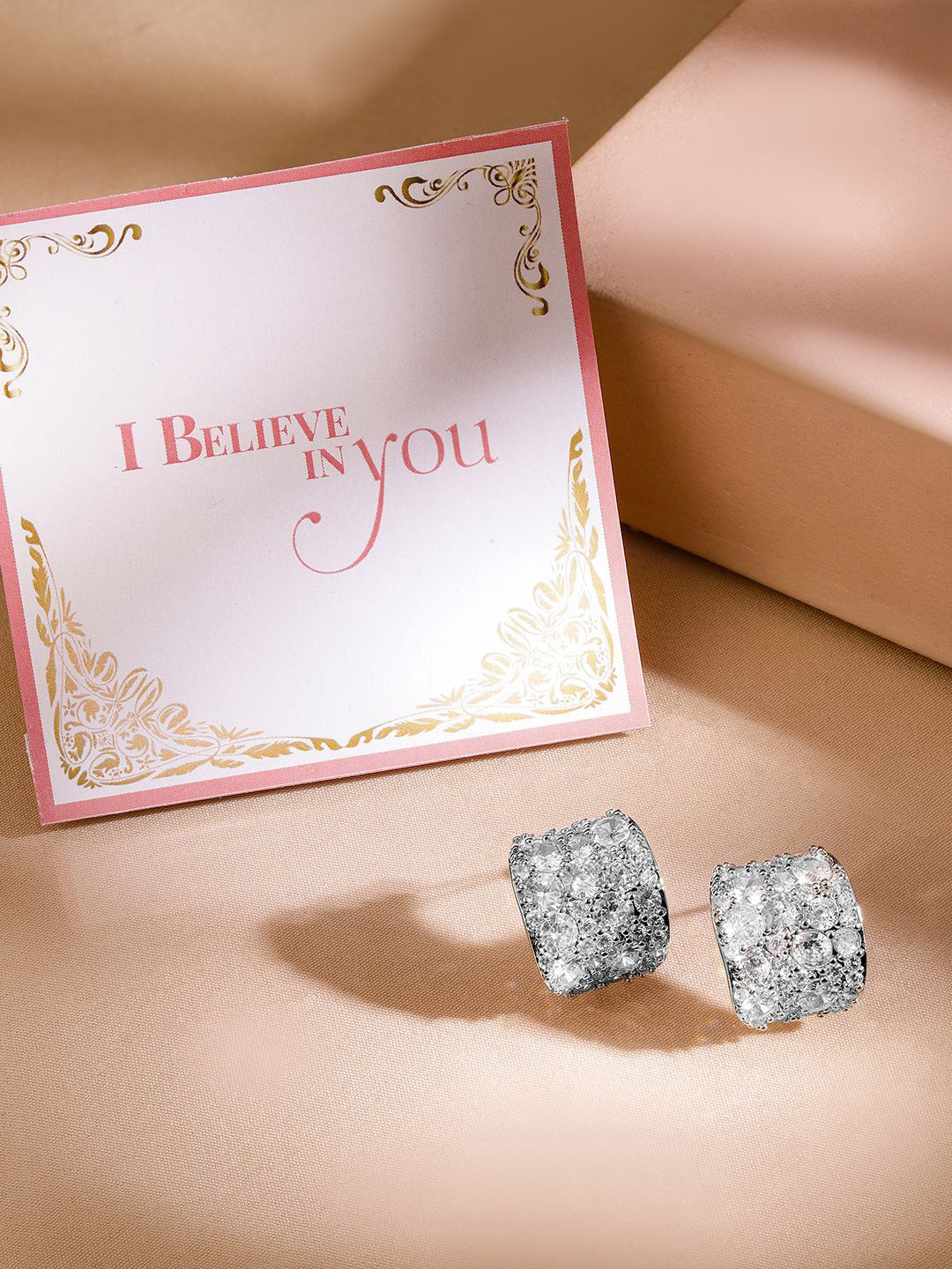 

Rubans Valentine's Rhodium Plated Sparkling AD & Cubic Zirconia Studded Hoop Earrings, Silver