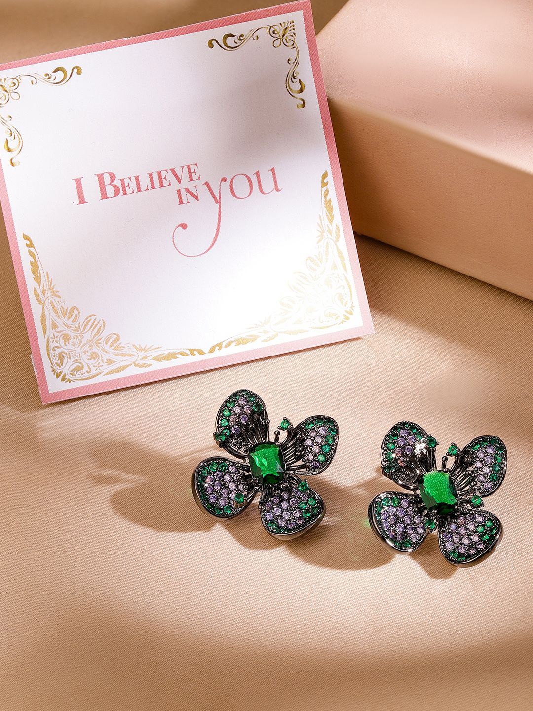 

Rubans Valentine's Rhodium-Plated Emerald & Lavender Cubic Zirconia Studded Floral Studs, Silver