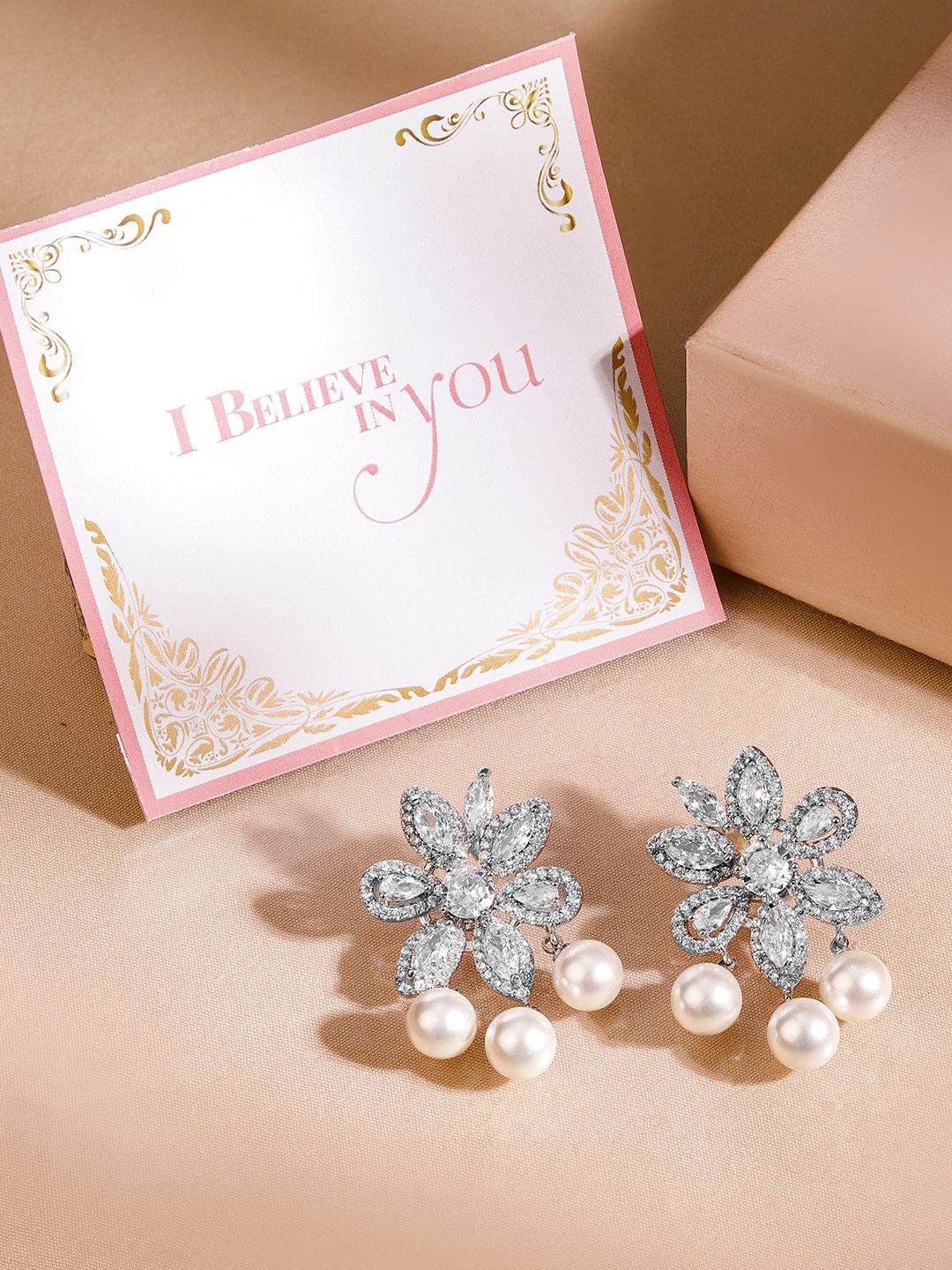 

Rubans Valentine's Rhodium-Plated Cubic Zirconia Studded & Pearls Beaded Drop Earrings, Silver