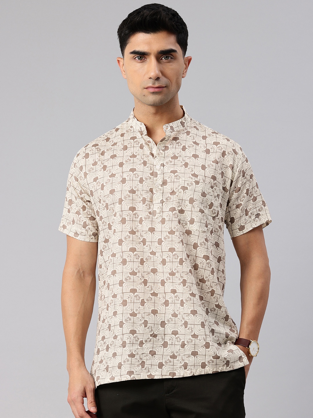 

Majestic Man Men Geometric Printed Pure Cotton Kurta, Cream