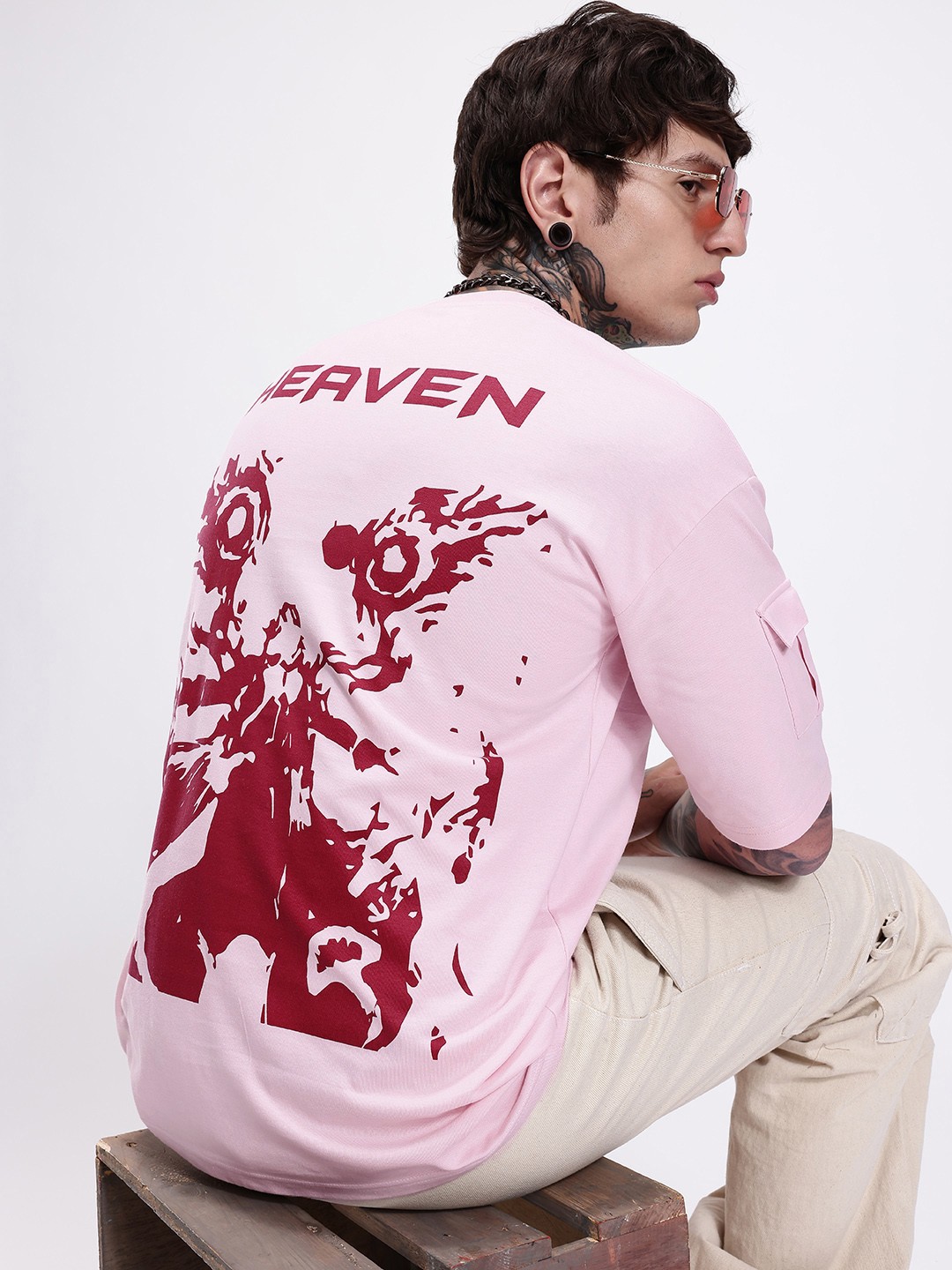 

Kook N Keech Printed Drop-Shoulder Sleeves Oversized T-shirt with Pocket Detail, Pink