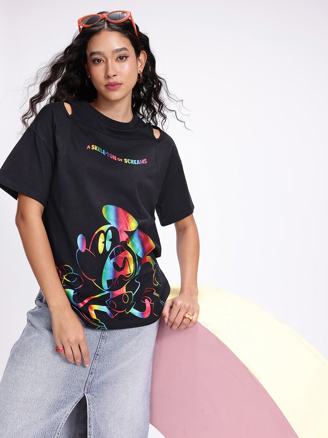 

Kook N Keech Disney Mickey Mouse Printed Oversized T-shirt with Cut Out Detail, Black