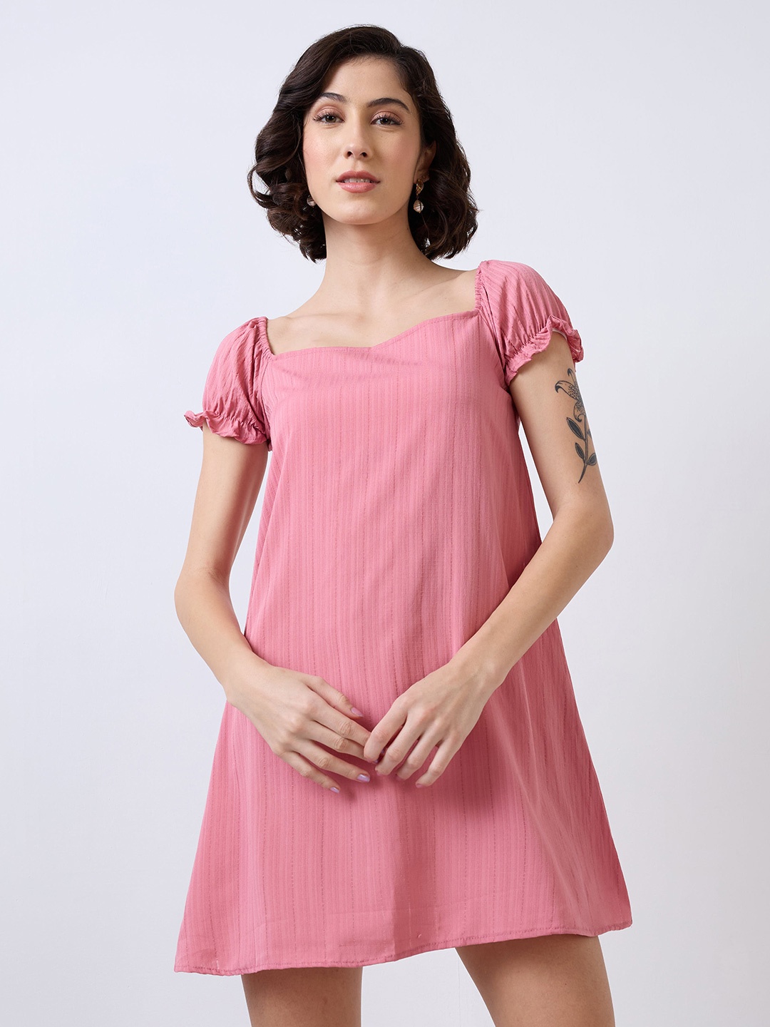 

SZN Women Sweetheart Neck Puff Sleeves Cotton Mini A-Line Dress, Pink