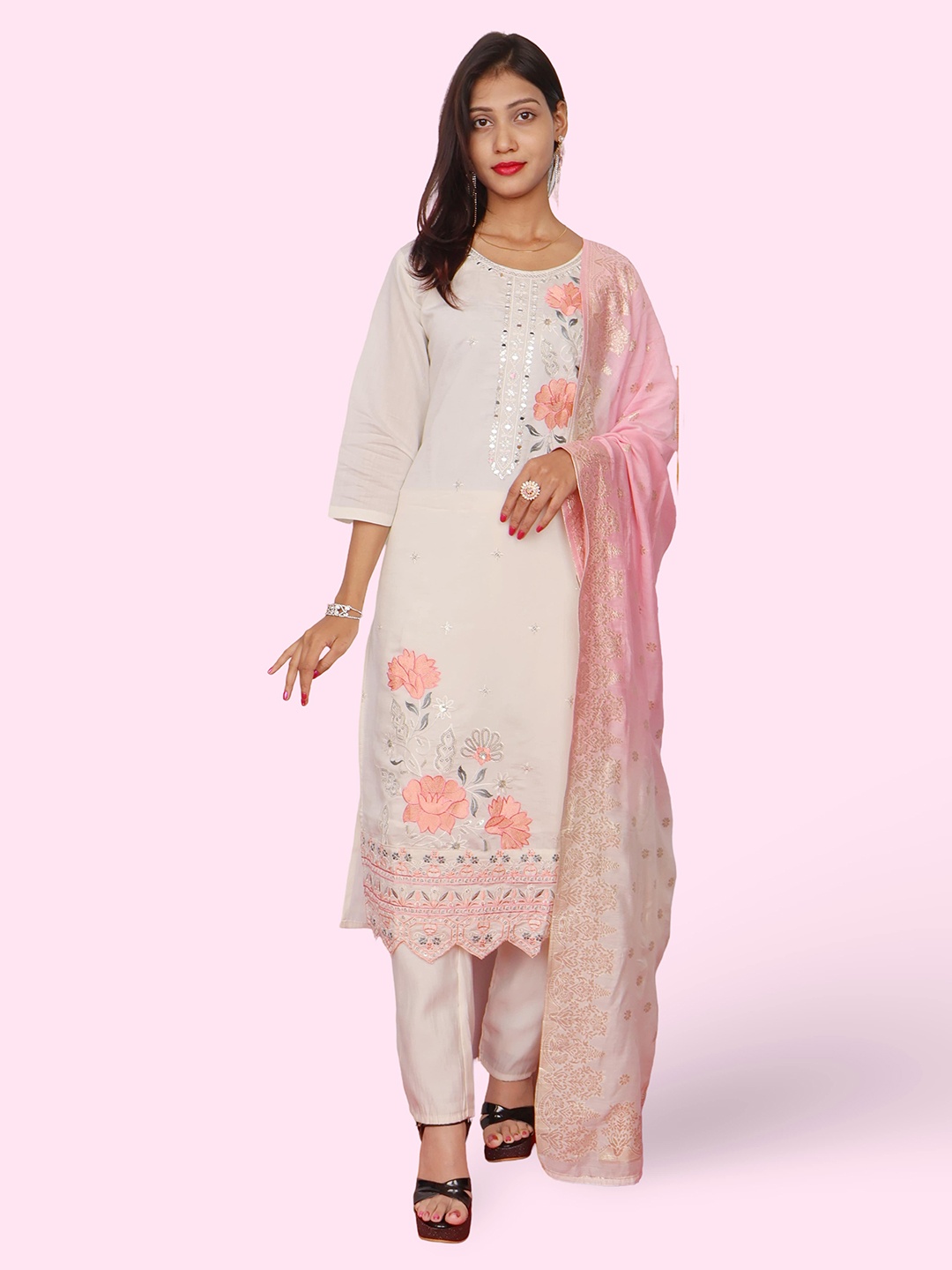 

Shreekama Floral Embroidered Mirror Work Kurta With Trousers & Dupatta, Off white