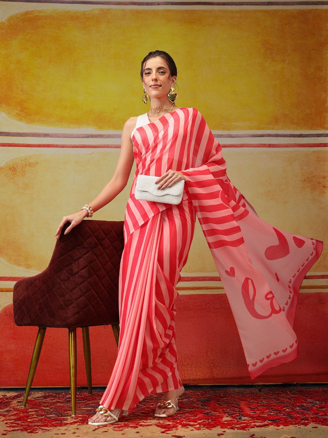 

Silk Land Striped Leheriya Digital Print Saree, Pink