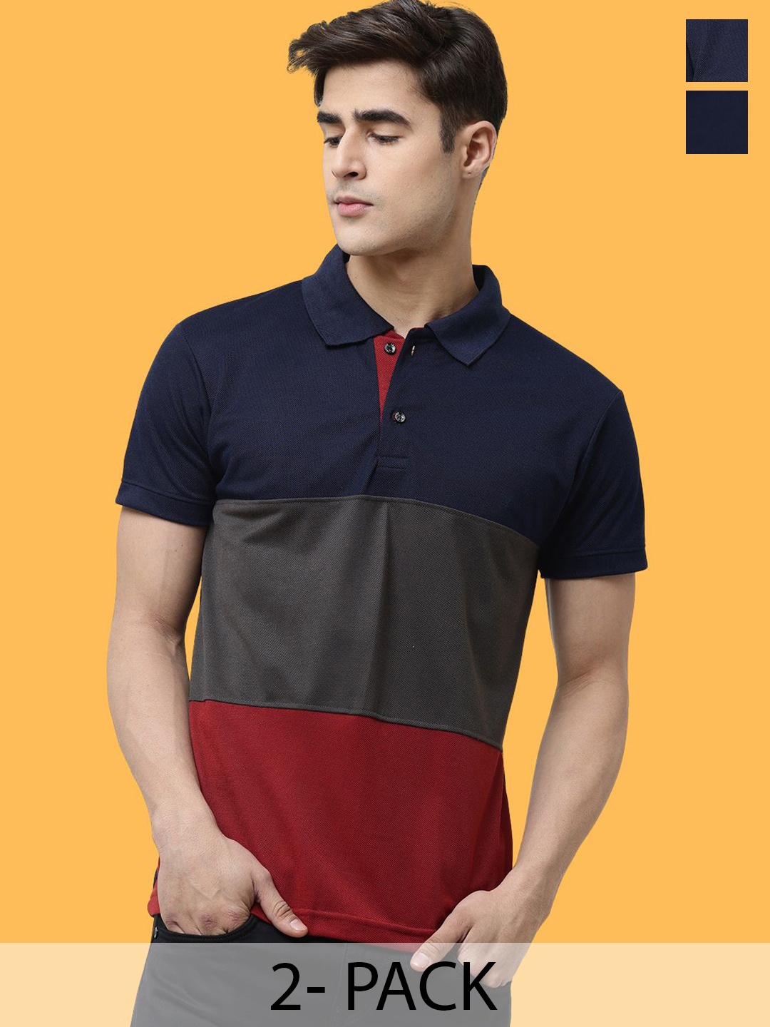 

Leotude Men Pack Of 2 Colourblocked Polo Collar Cotton T-shirts, Red