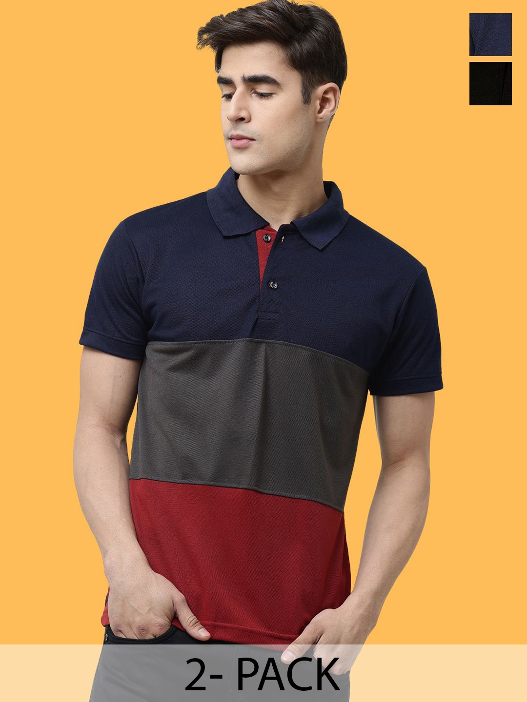 

Leotude Men Pack Of 2 Colourblocked Polo Collar Cotton T-shirts, Red