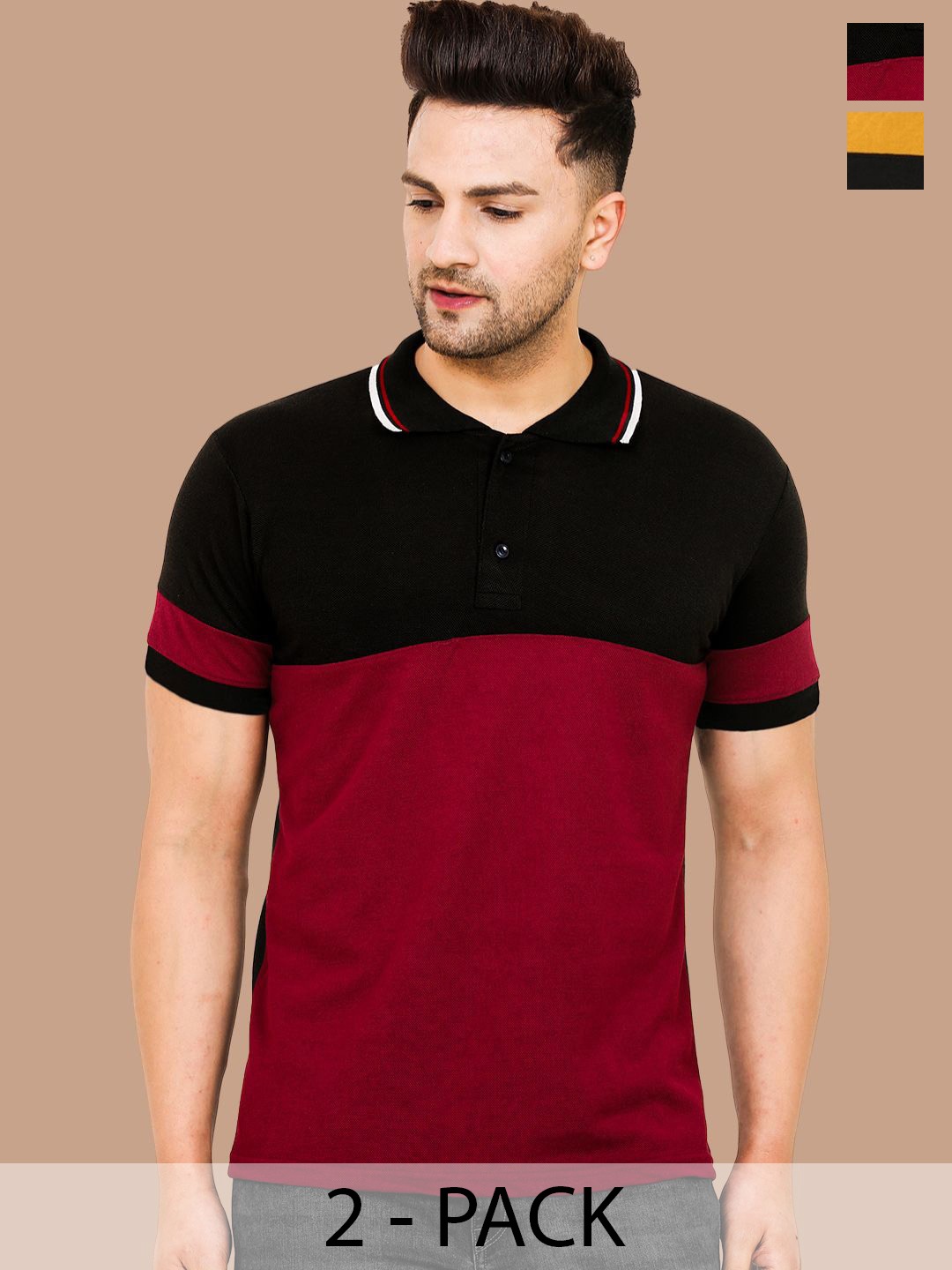 

Leotude Men Pack Of 2 Colourblocked Polo Collar Cotton T-shirts, Black