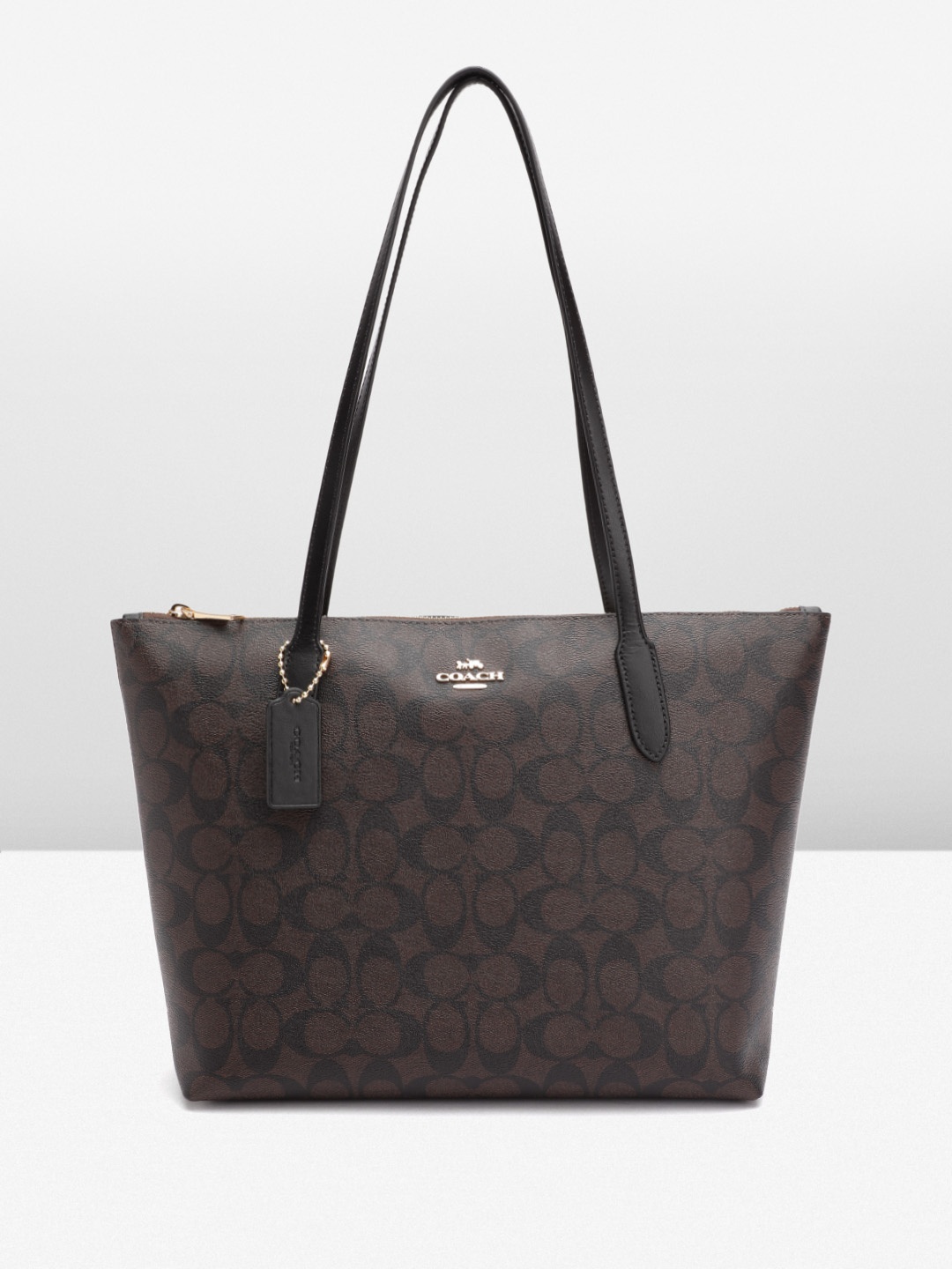 

Coach Textured Brand Logo Printed Structured Shoulder Bag, Coffee brown