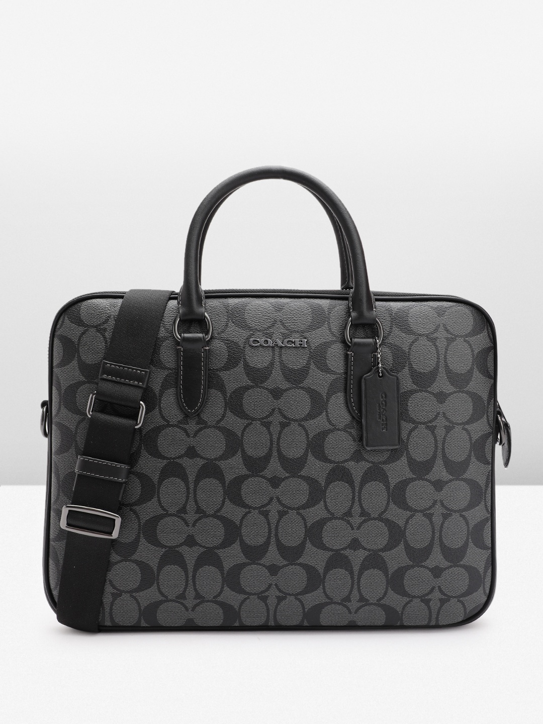 

Coach Men Leather Brand Logo Printed Laptop Bag, Black