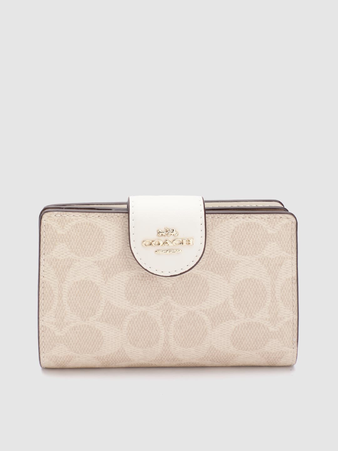 

Coach Women Brand Logo Print Two Fold Wallet, Beige