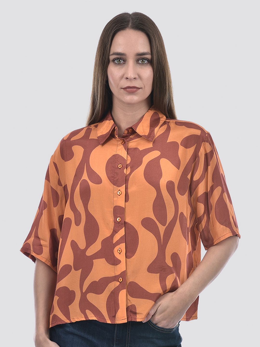 

ONLY Women Boxy Fit Spread Collar Abstract Printed Casual Shirt, Orange