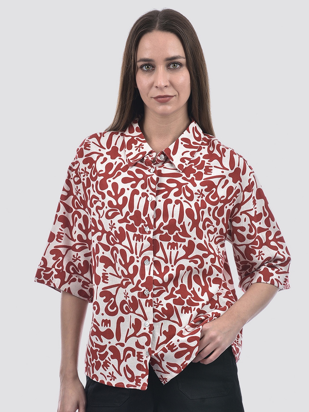 

ONLY Women Boxy Fit Spread Collar Abstract Printed Casual Shirt, Red