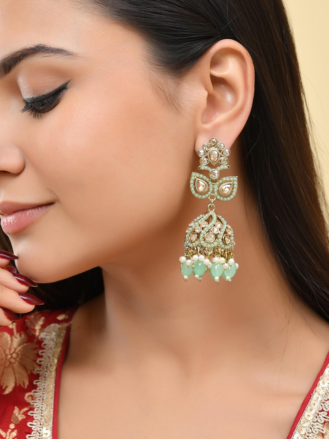 

VOJ Stainless Steel Gold Plated Stones Studded Dome Shaped Jhumkas, Green