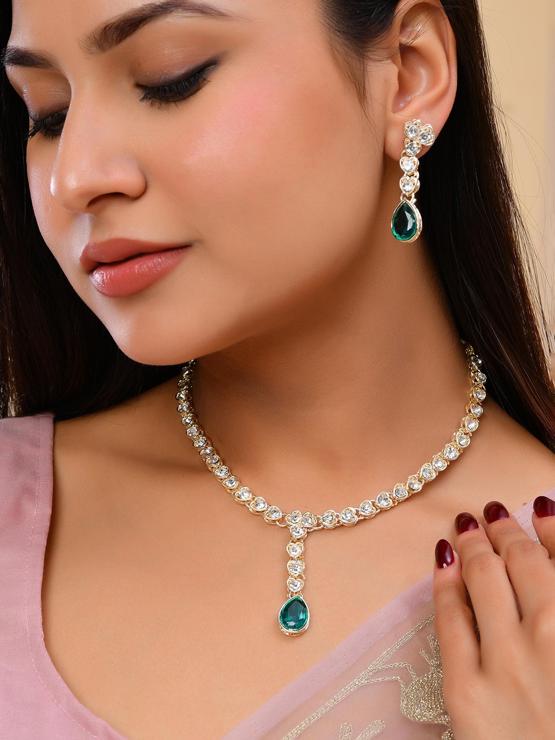 

VOJ Silver Plated American Diamond -Studded Jewellery Set, Gold