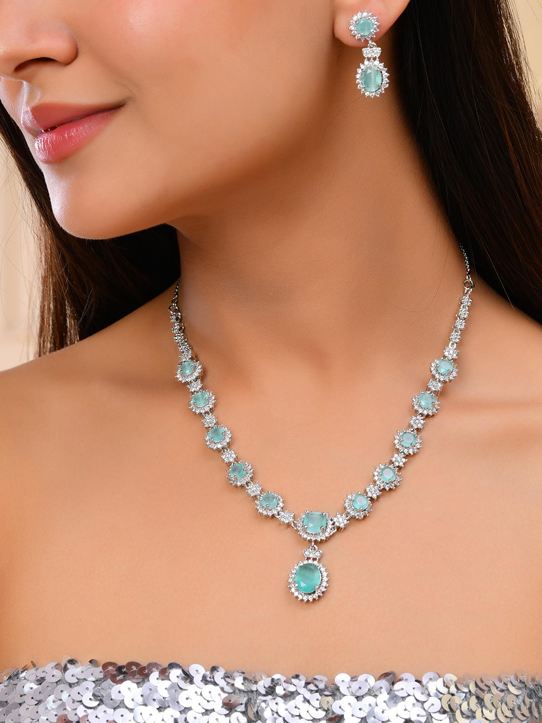 

VOJ Sliver Plated American Diamond Studded Jewellery Set, Green
