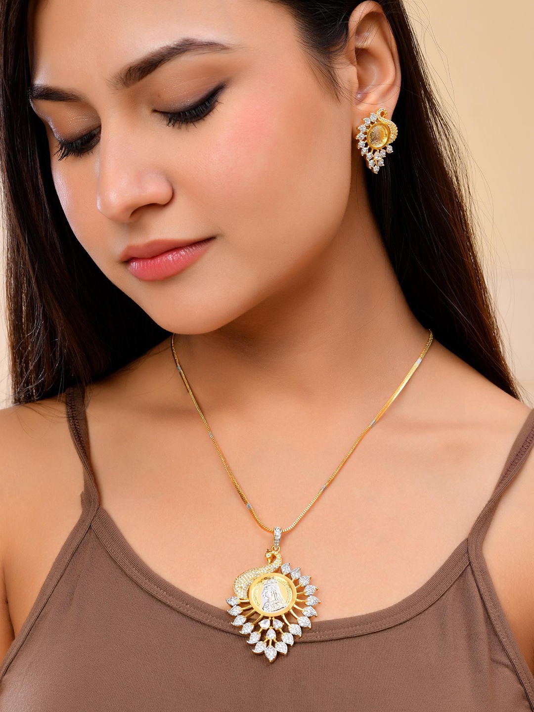 

VOJ Gold Plated American Diamond Studded Jewellery Set