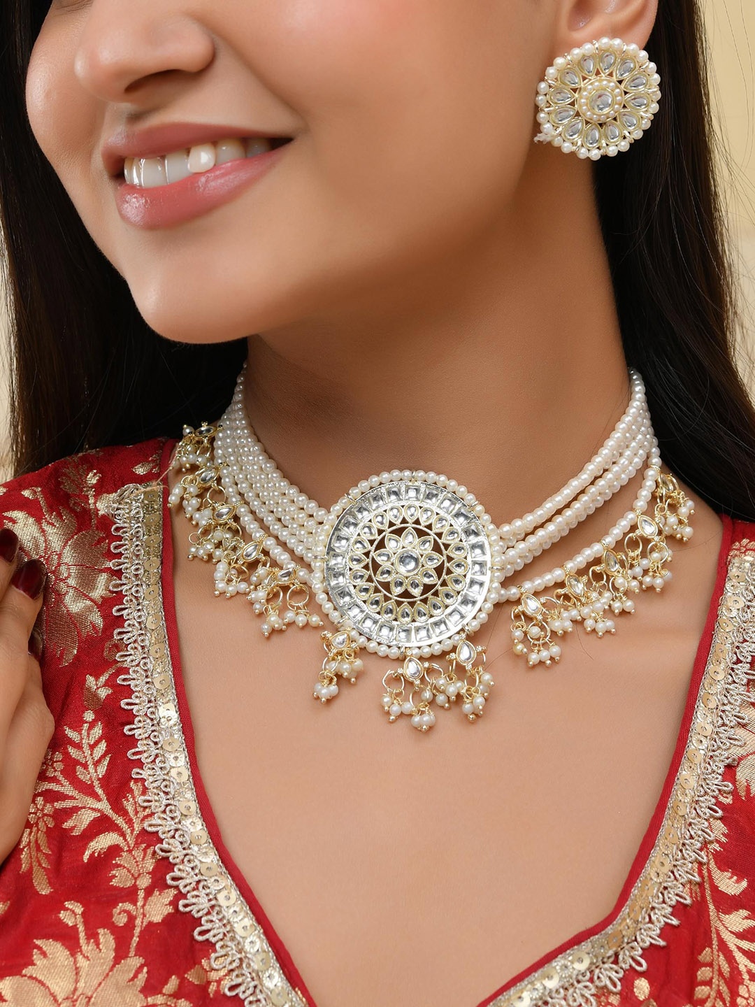 

VOJ Gold Plated Kundan Studded & Beaded Jewellery Set