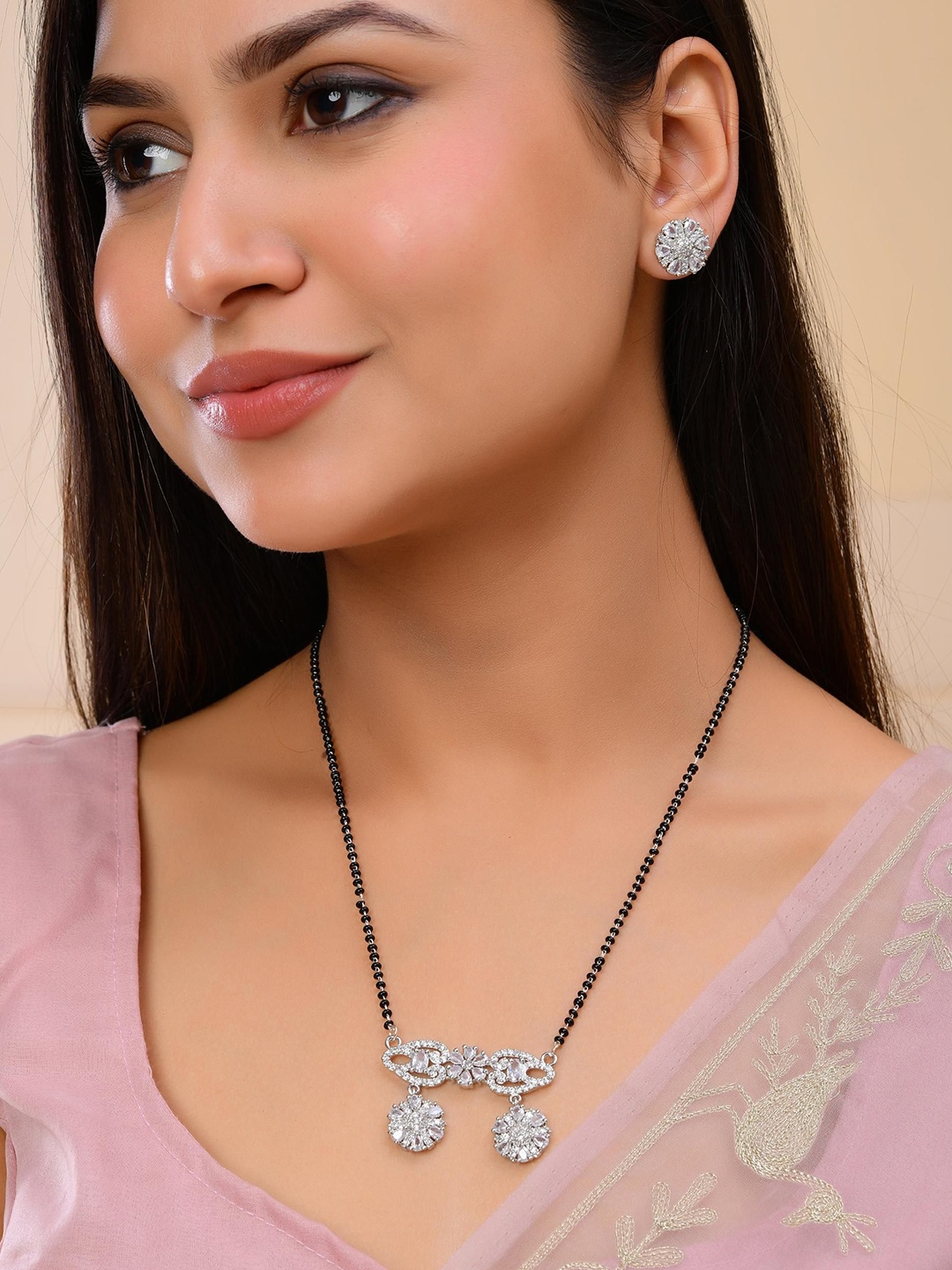 

VOJ Silver Plated AD Stone Studded Designer Mangalsutra Set