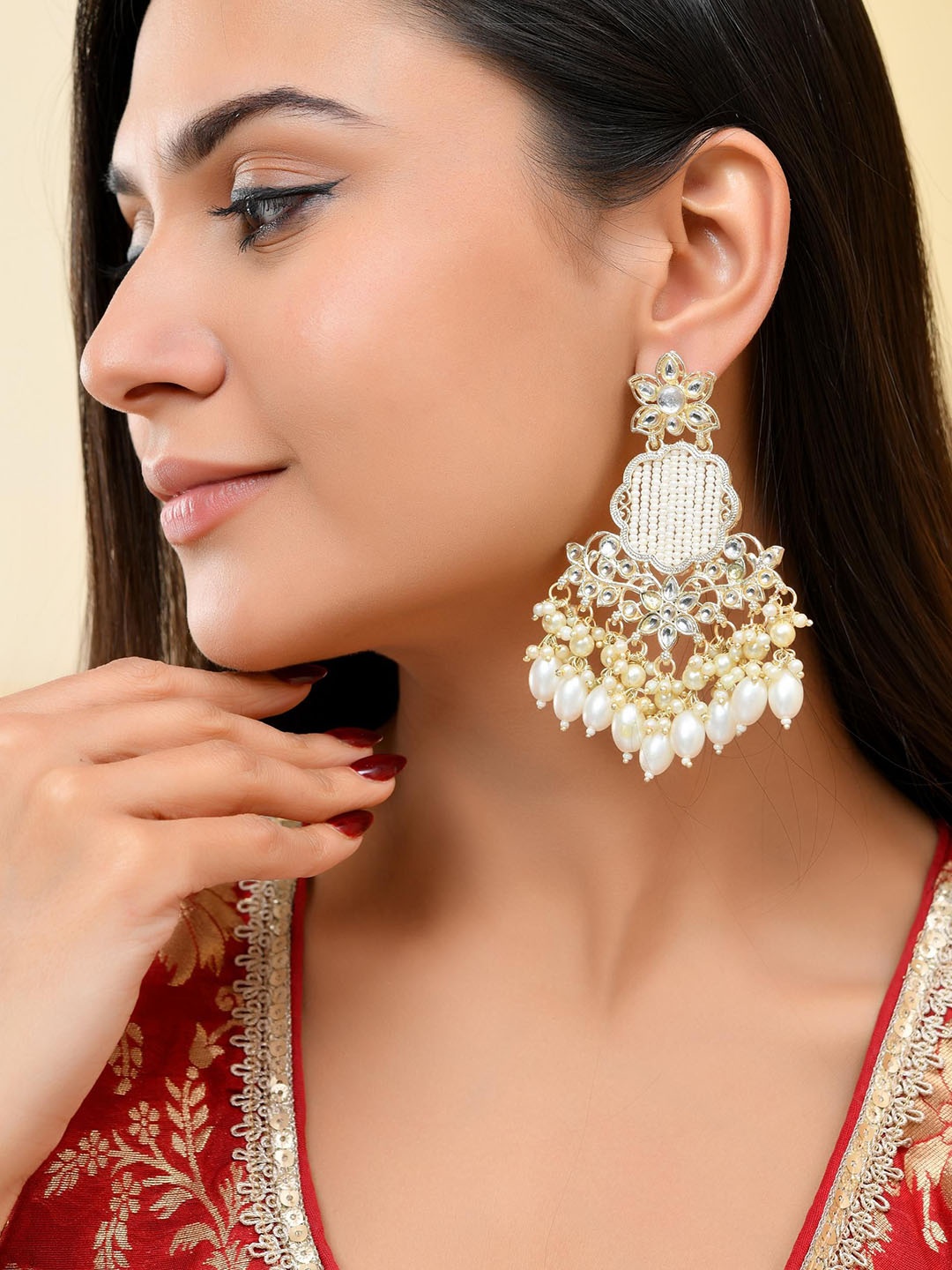 

VOJ Gold Plated Kundan Studded Contemporary Drop Earrings, White