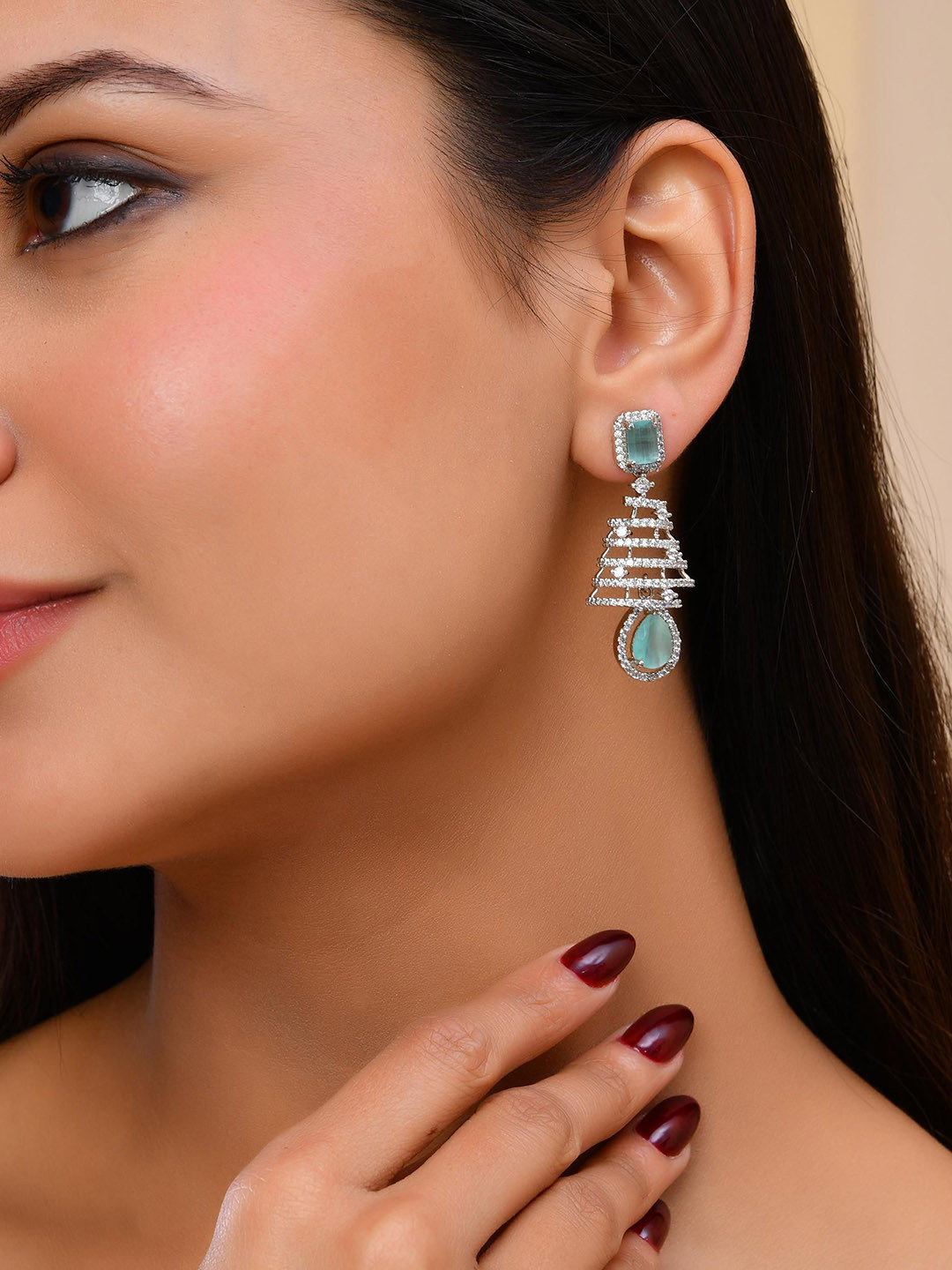 

VOJ Silver Plated American Diamond Studded Contemporary Shaped Drop Earrings