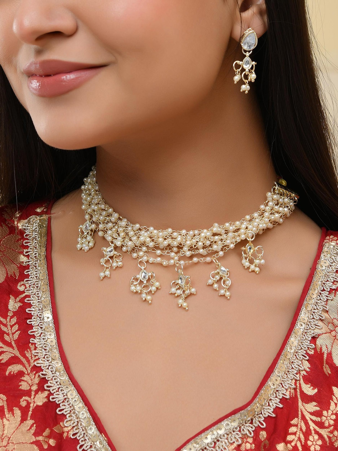 

VOJ Gold Plated Stone Studded & Beaded Jewellery Set