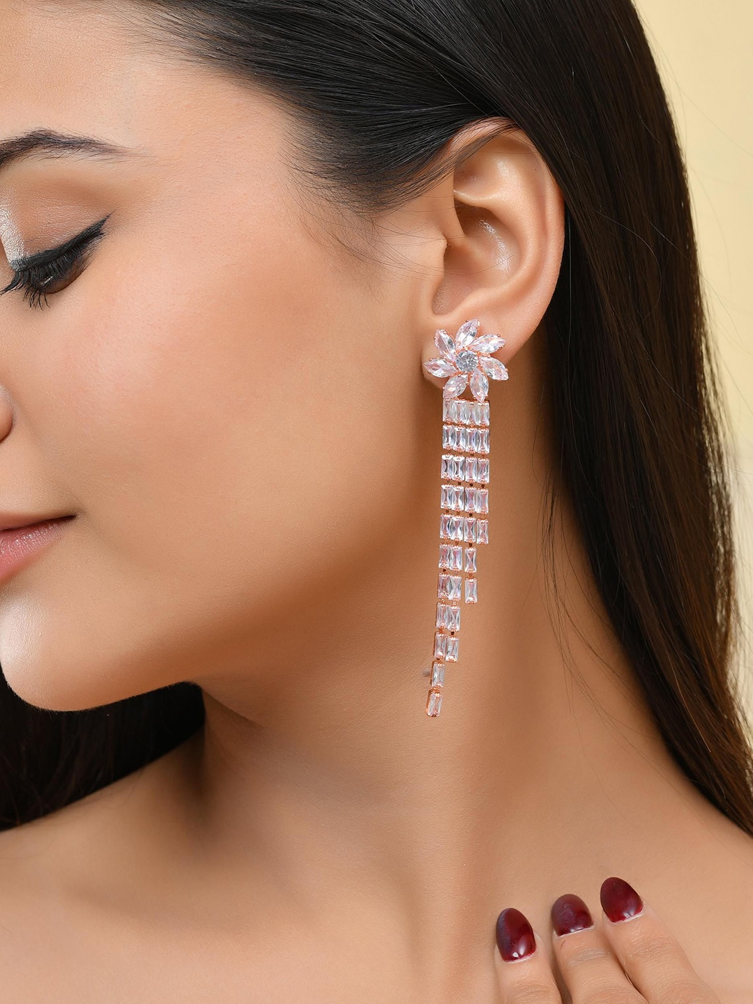 

VOJ Gold Plated Artificial Stones Studded Contemporary Drop Earrings