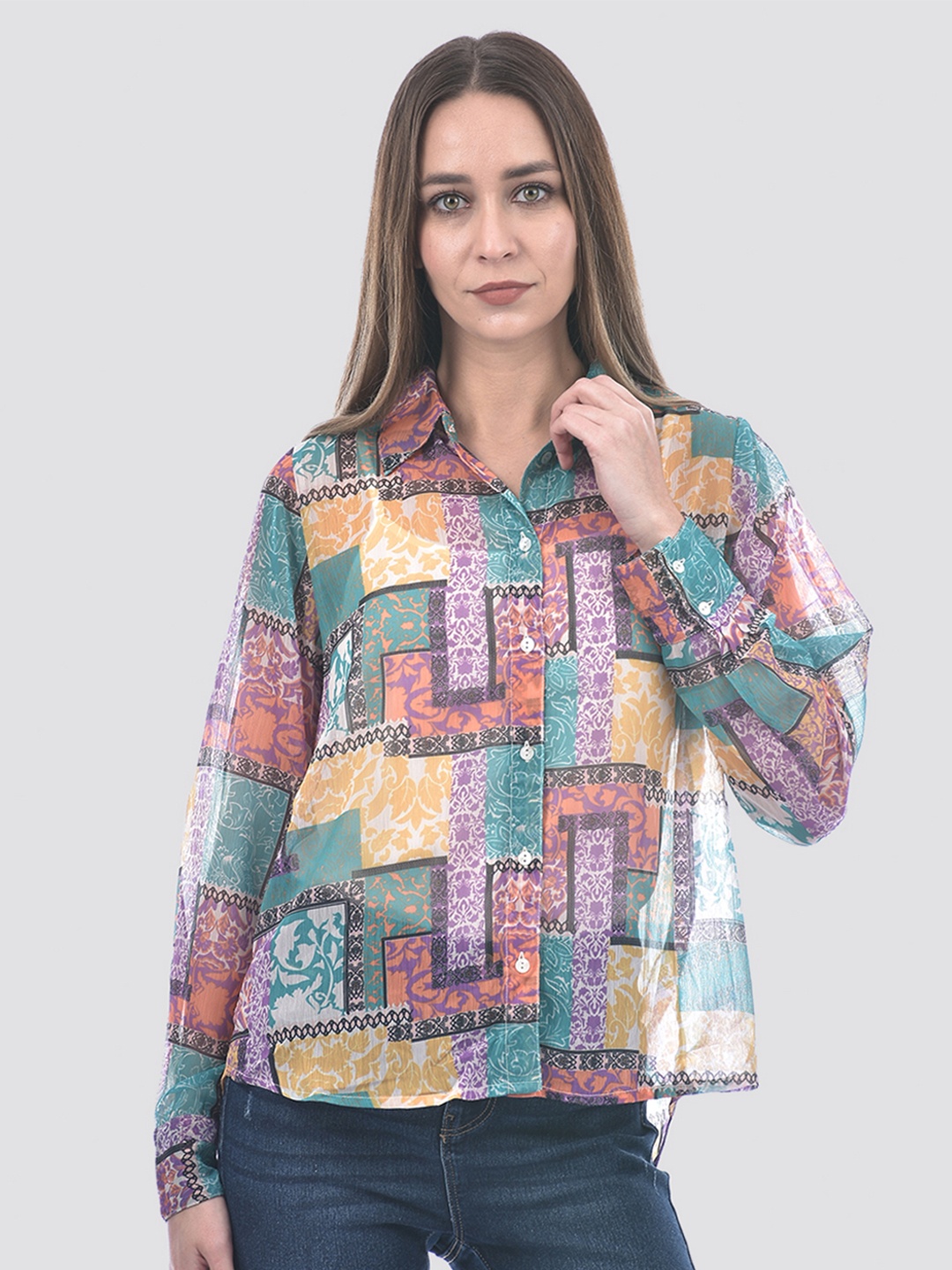 

ONLY Women Spread Collar Abstract Printed Regular Fit Casual Shirt, Blue