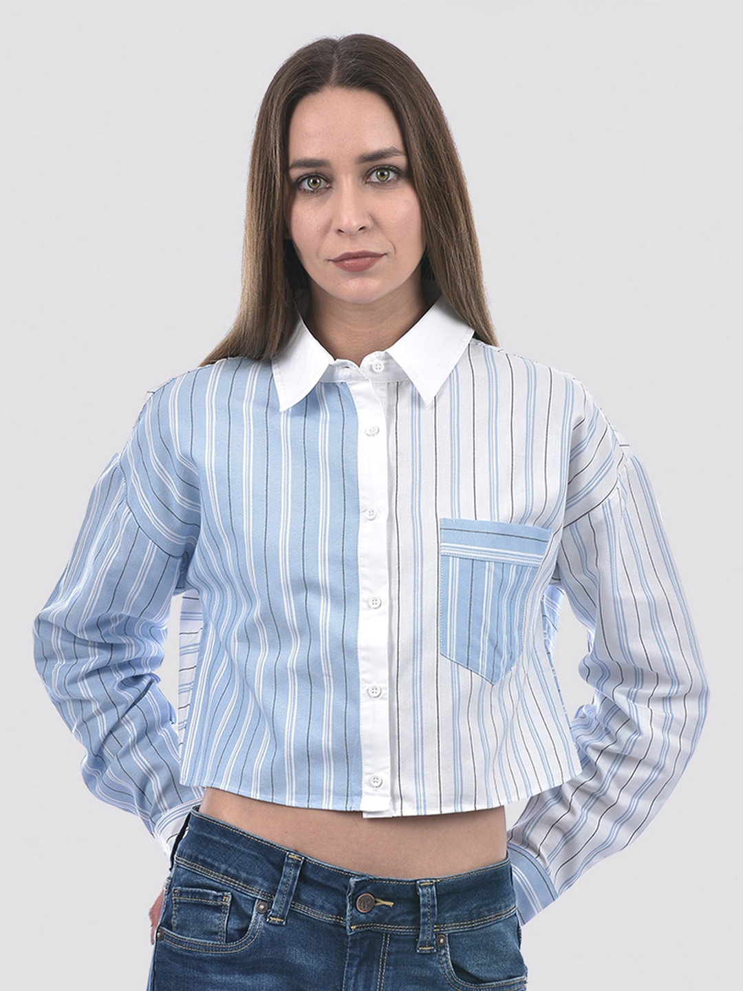 

ONLY Women Boxy Fit Spread Collar Vertical Striped Cotton Casual Shirt, Blue