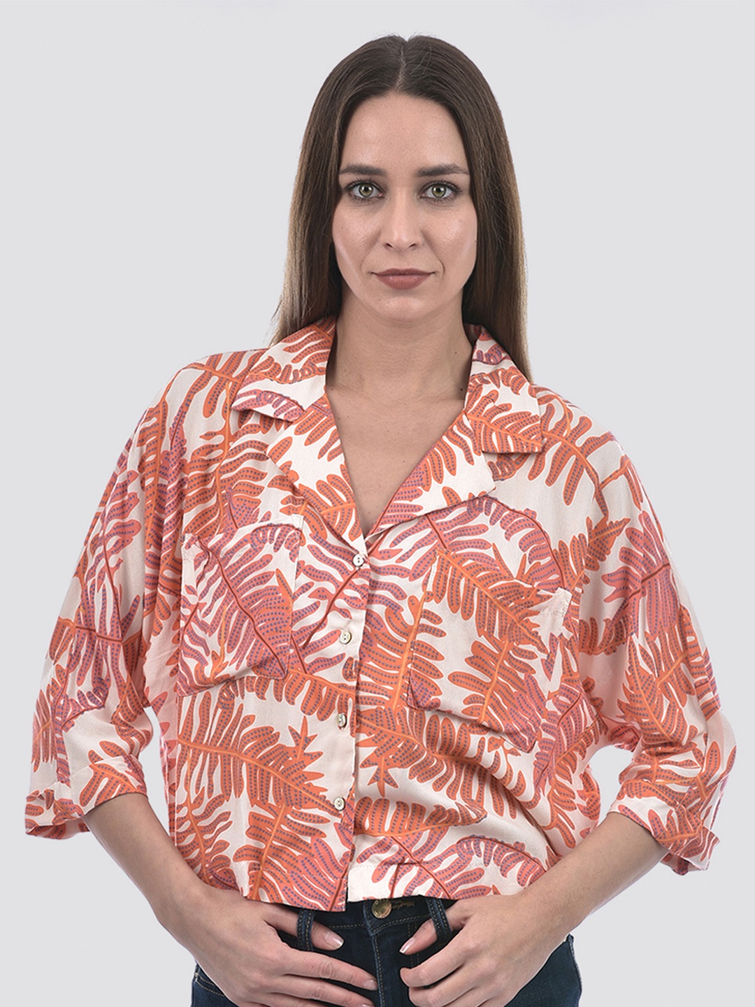 

ONLY Women Boxy Fit Cuban Collar Floral Printed Casual Shirt, Off white