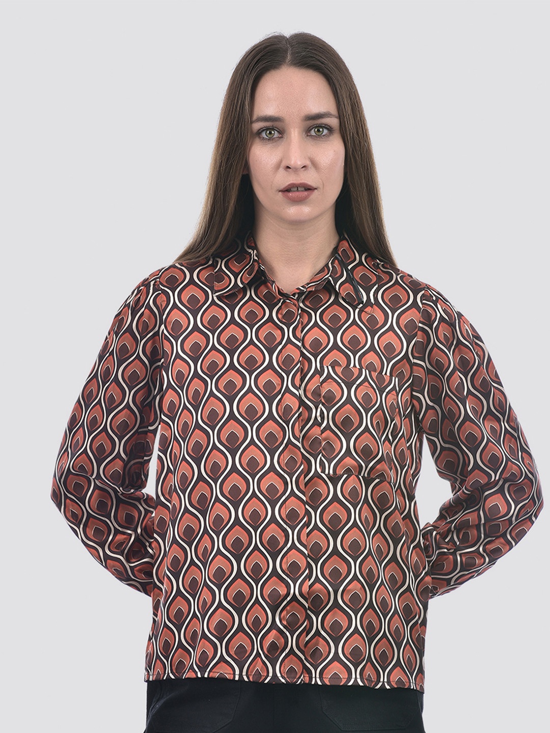 

ONLY Women Spread Collar Abstract Printed Casual Shirt, Brown