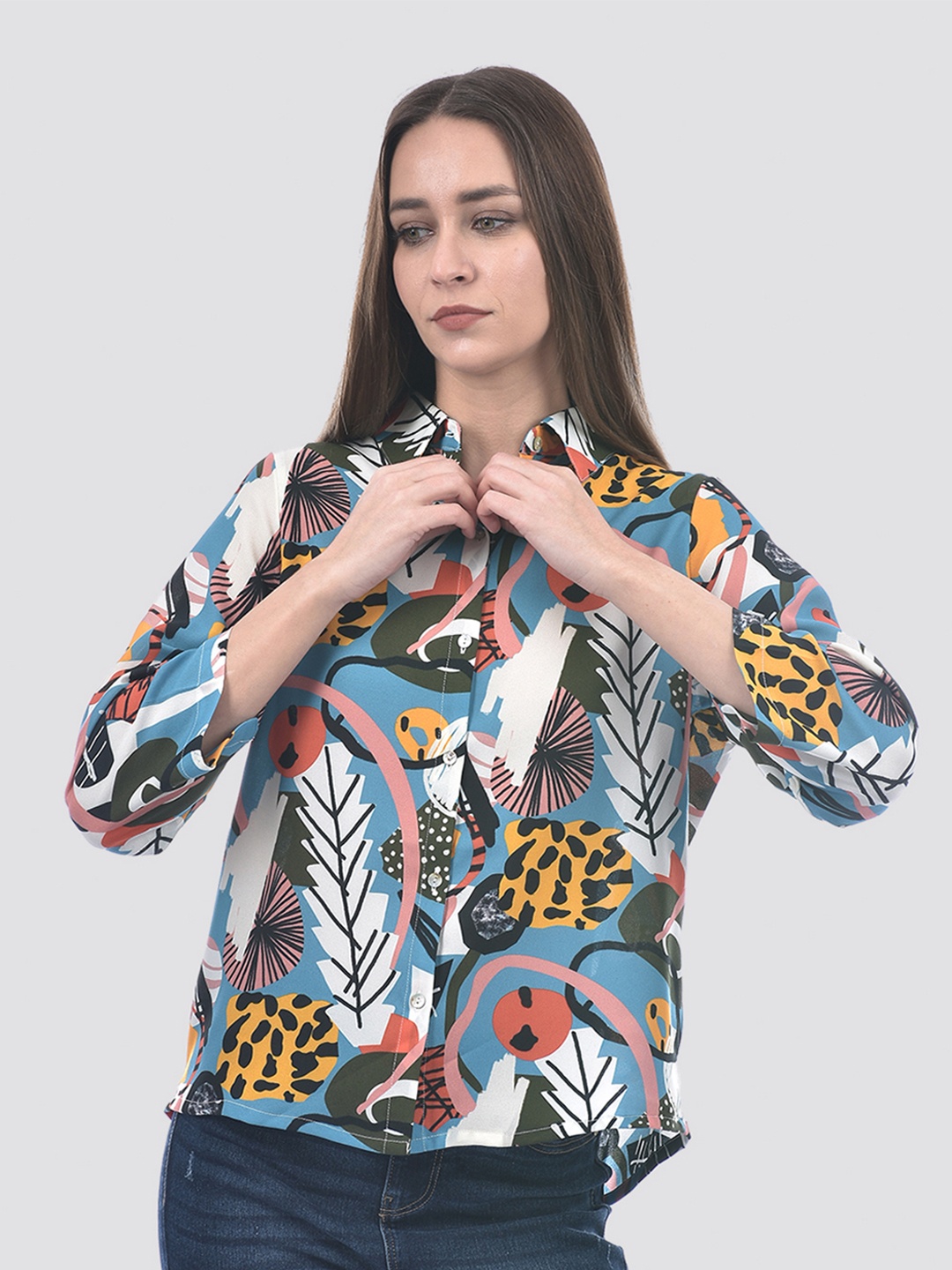 

ONLY Women Spread Collar Animal Printed Casual Shirt, Blue