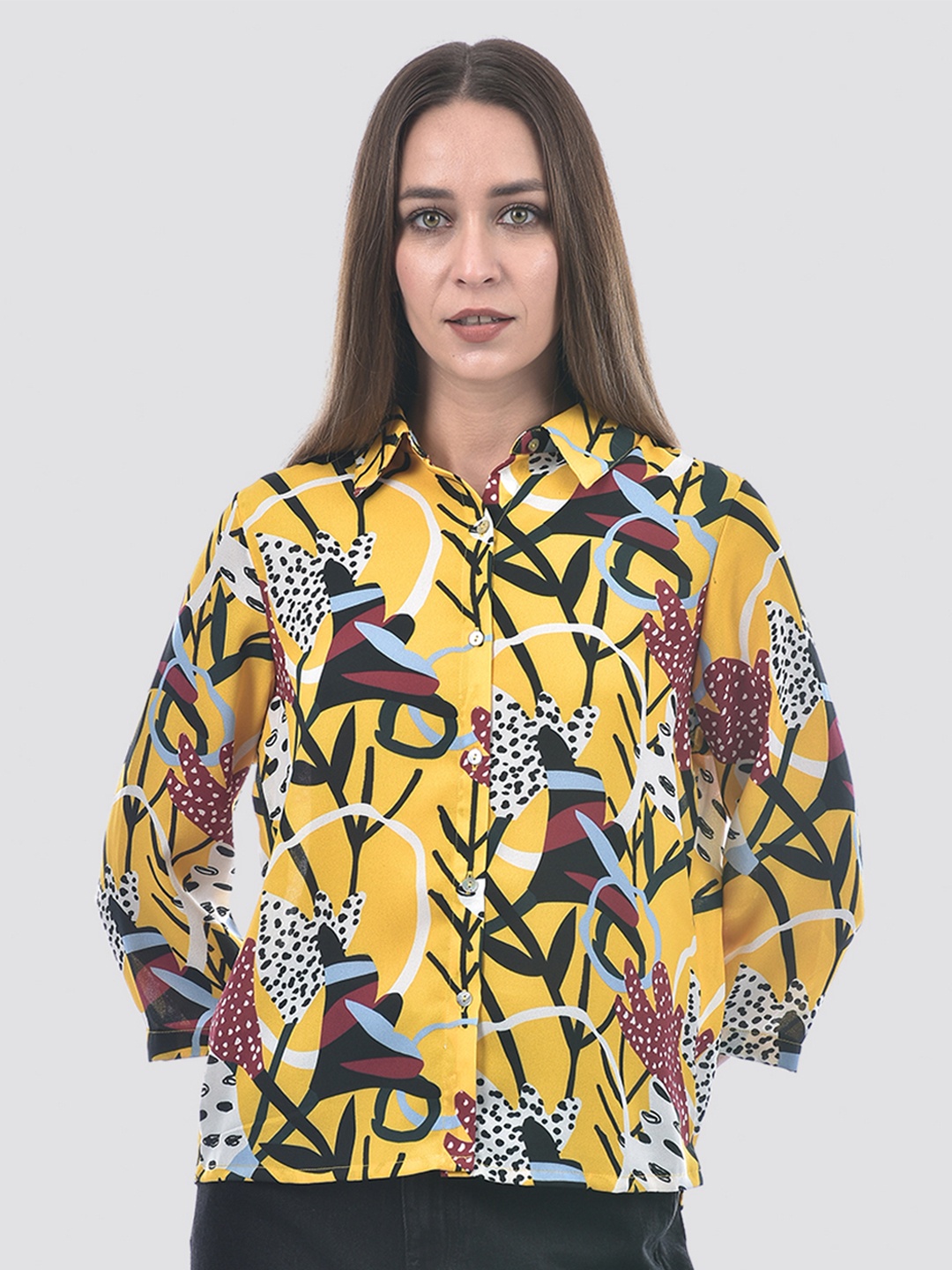 

ONLY Women Spread Collar Abstract Printed Casual Shirt, Yellow