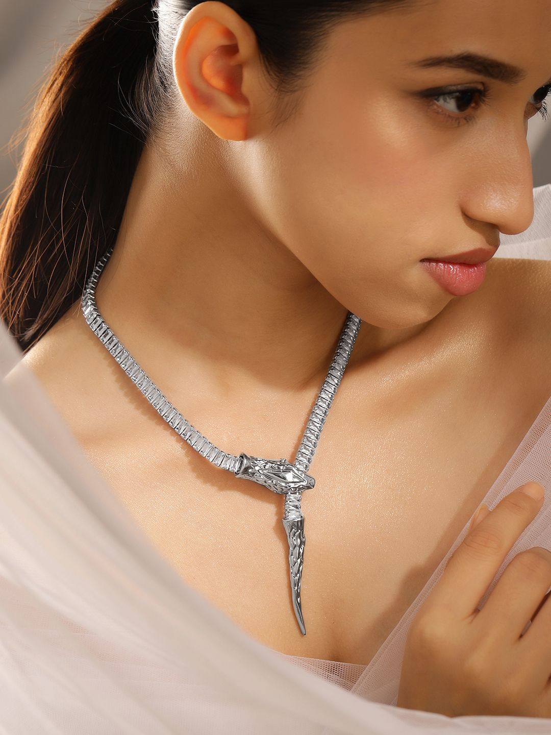 

Rubans Silver Plated Crystal & CZ-Studded Demi Fine Bold Dragon Motifs Necklace