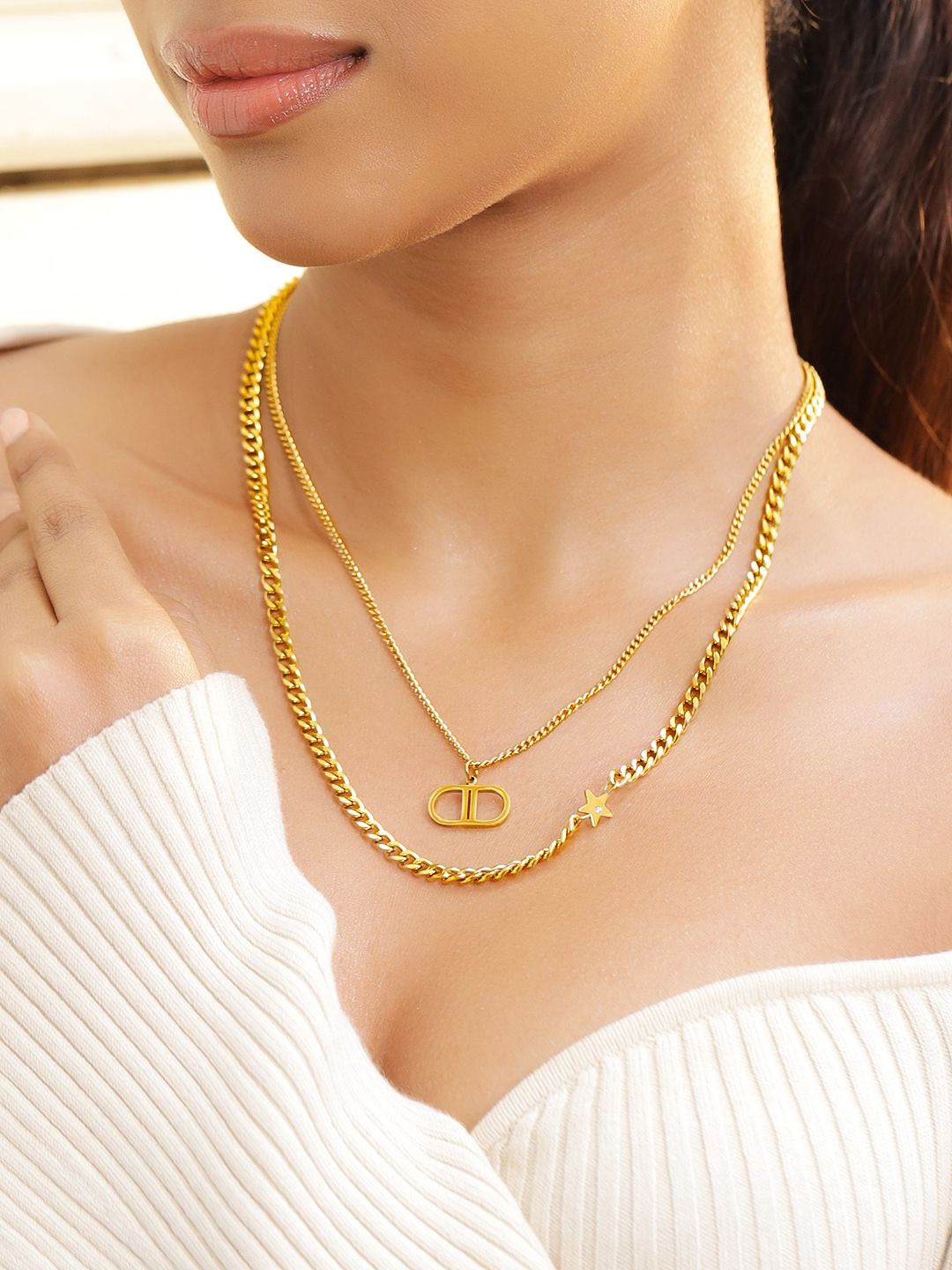 

Rubans 22KT Gold Plated Stainless Steel Star & Initial Pendant Layered Necklace
