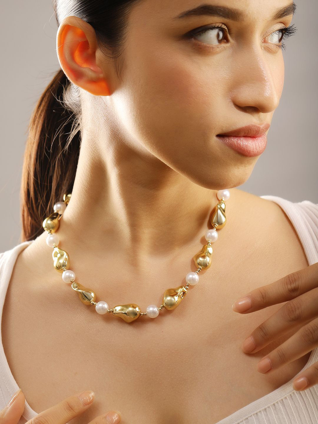 

Rubans 22KT Gold Plated Pearls Beaded Sculptural Necklace