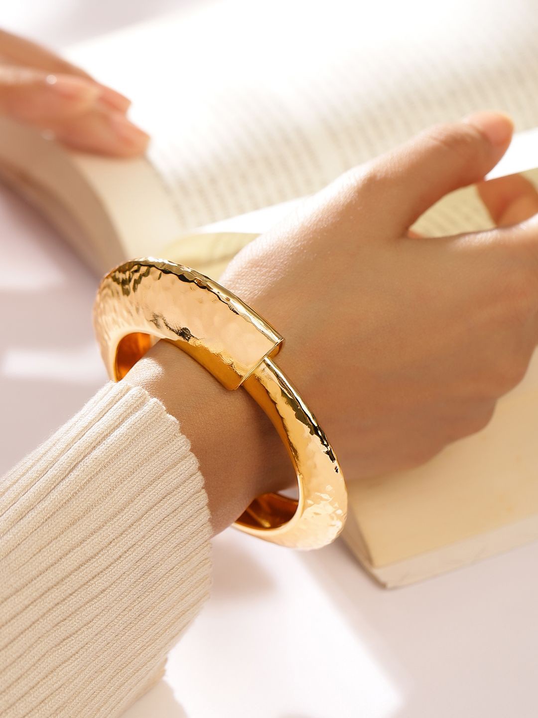 

Rubans 18K Gold Plated Hammered Cuff Bracelet Bold Statement Jewelry