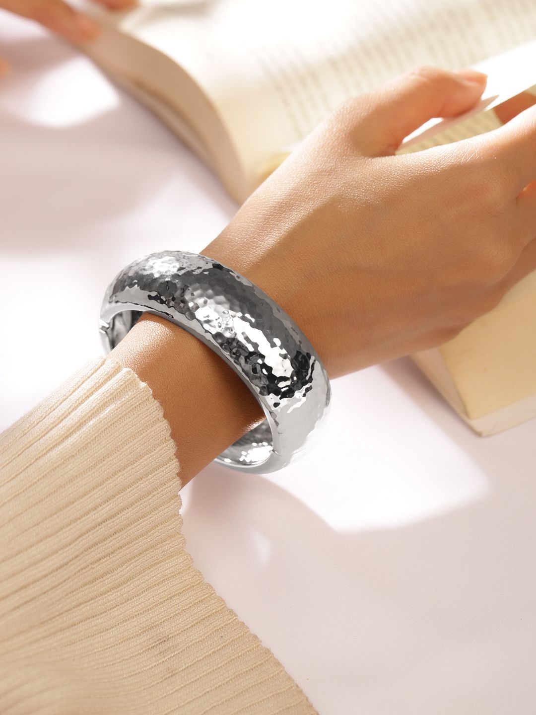 

Rubans Silver Toned Hammered Bangle Bold Statement Bracelet