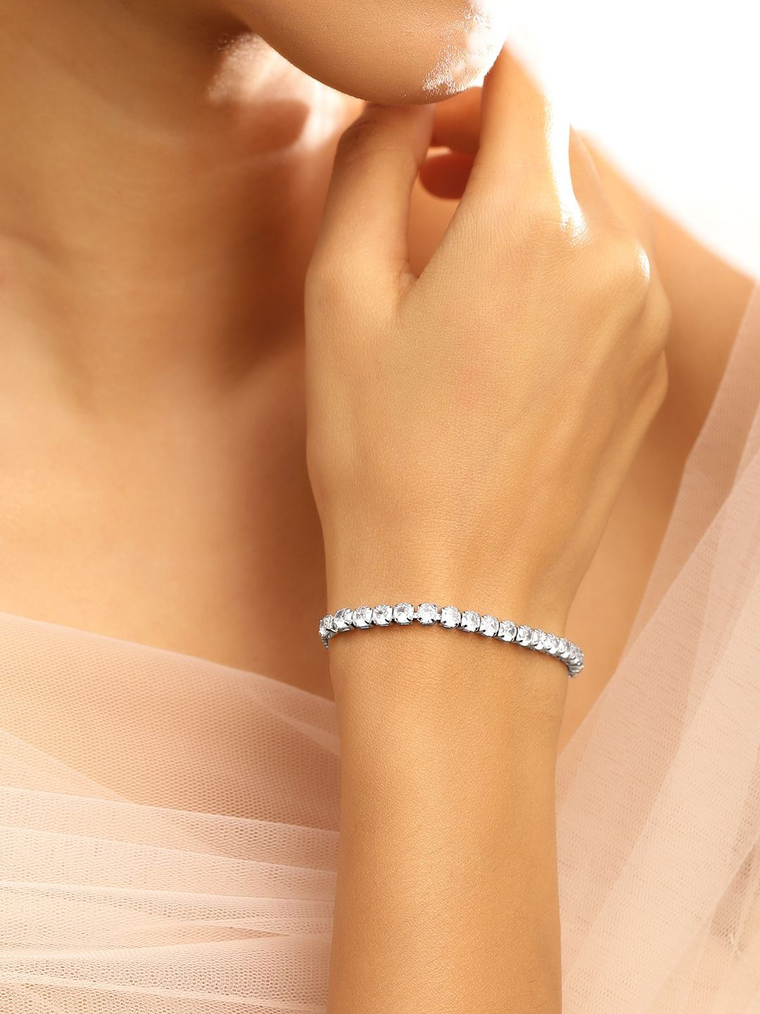 

Rubans Rhodium Plated White Cubic Zirconia Adjustable Pull Chain Bracelet, Silver