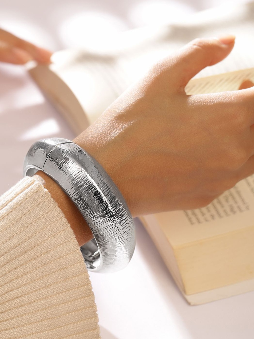 

Rubans Silver Plated Textured Bangle Bold & Contemporary Statement Jewelry