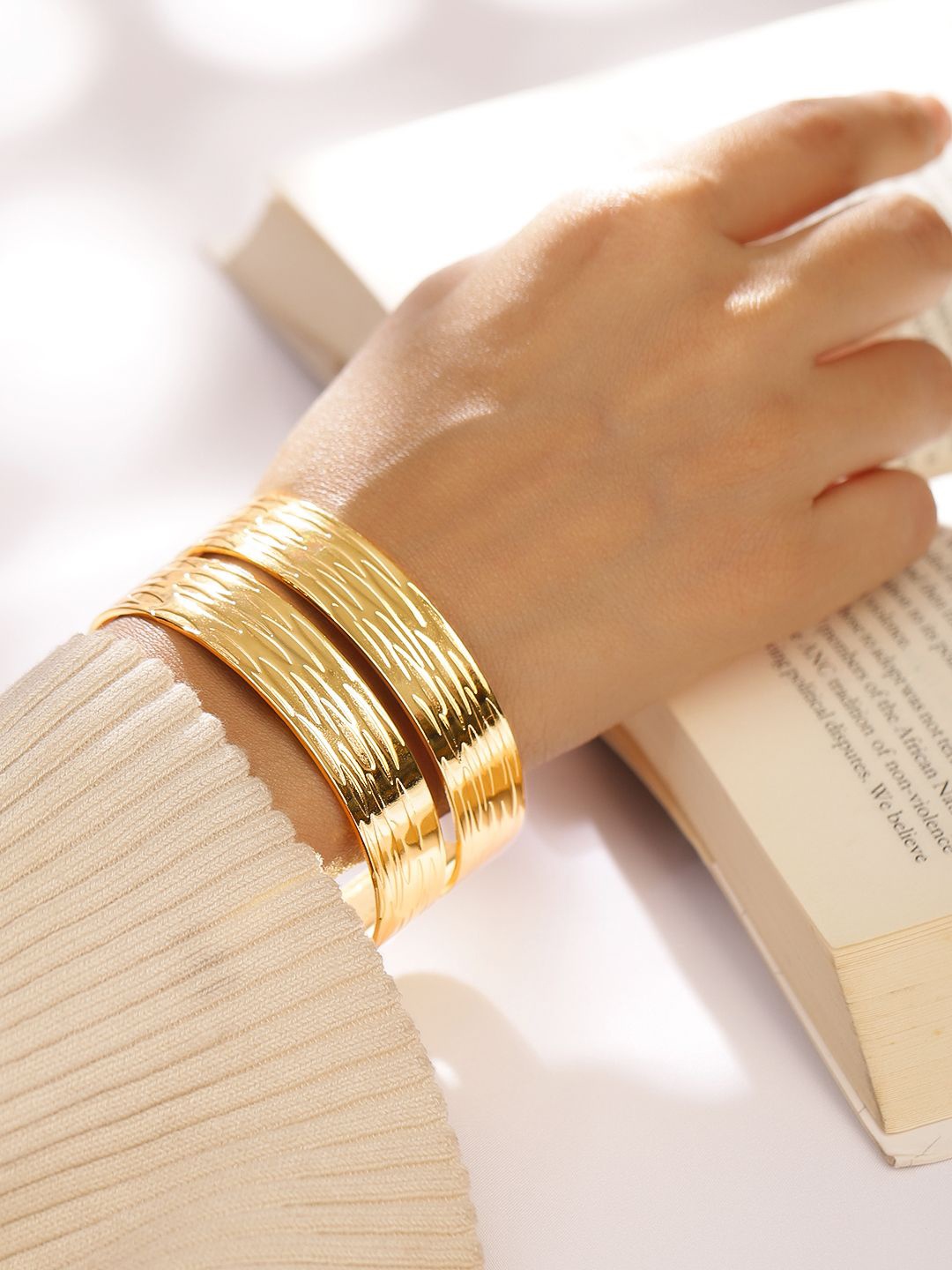 

Rubans 18K Gold Plated Bold Statement Cuff Bracelet Textured Open Bangle