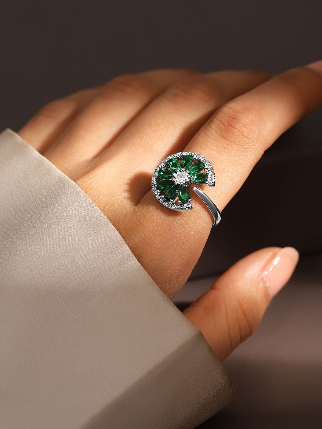 

Rubans Rhodium Plated Emerald Green & CubicZirconia Studded Openable Floral Statement Ring, Silver