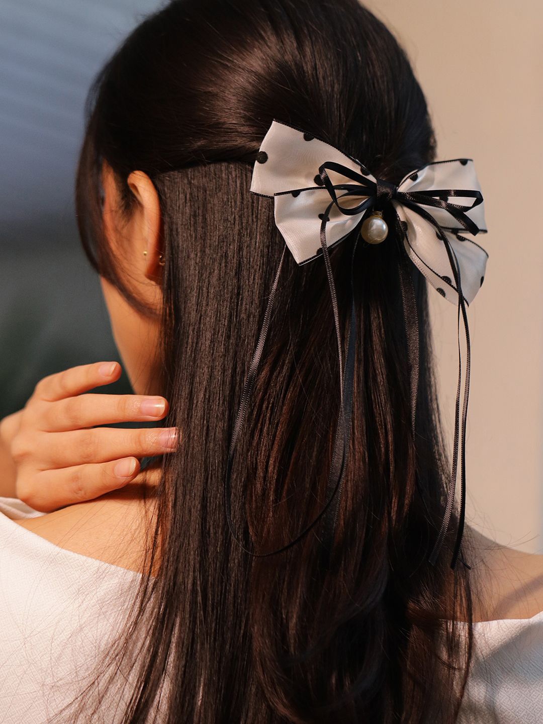 

Rubans Polka Dot Mesh Bow Hair Clip with Pearl Drop & Ribbon Tails, White