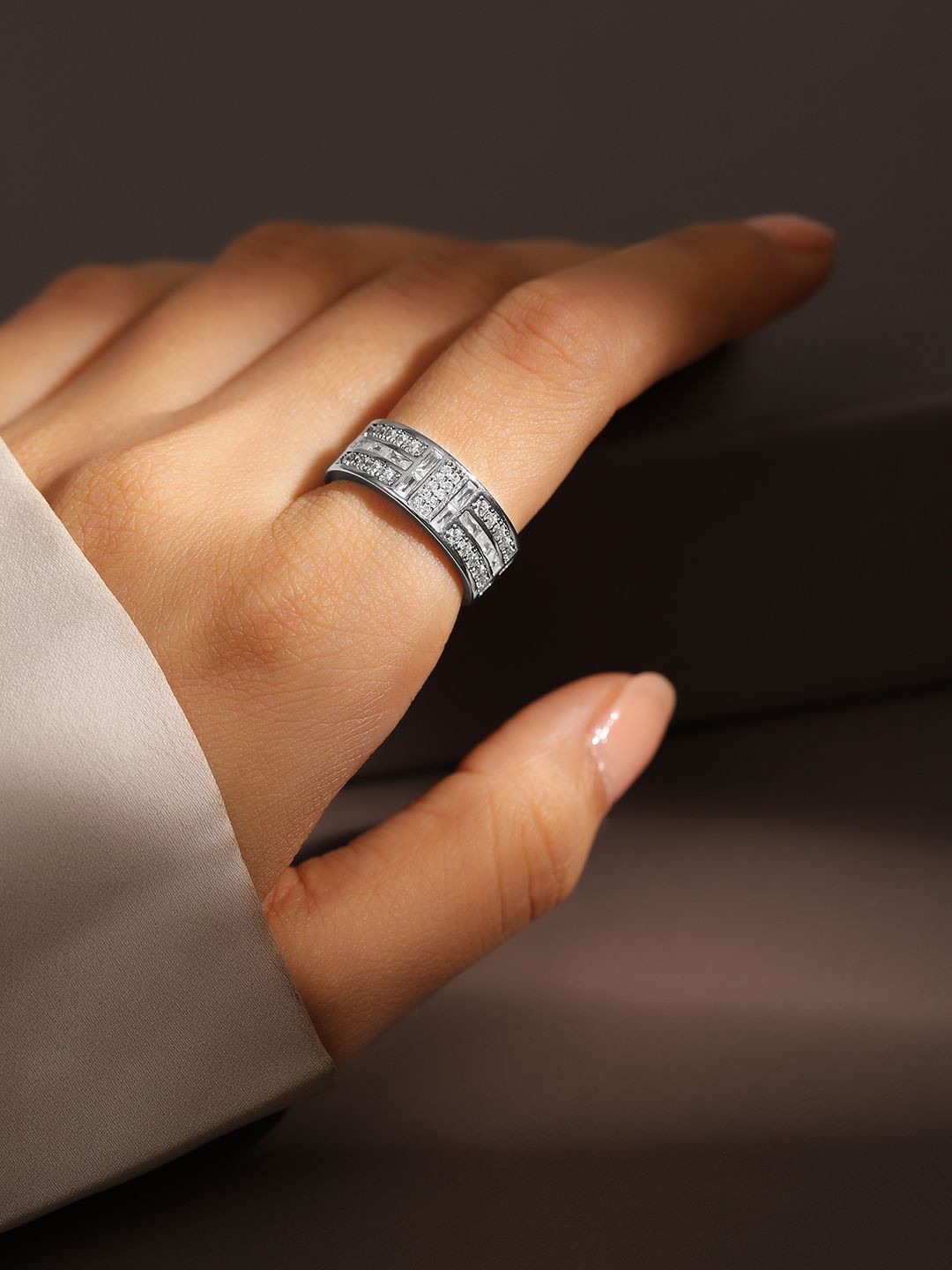 

Rubans Rhodium Plated Adjustable Openable Ring with Baguette & Pave Cubic Zirconia, Silver