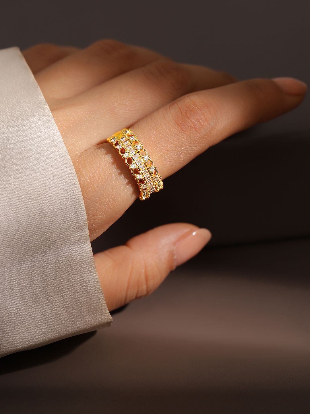 

Rubans 18K Gold Plated Baguette & Cubic Zirconia Studded Adjustable Openable Ring