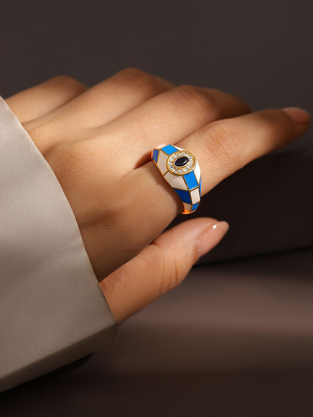 

Rubans 18K Gold Plated Blue & White Enamel and Sapphire Cubic Zirconia Adjustable Ring