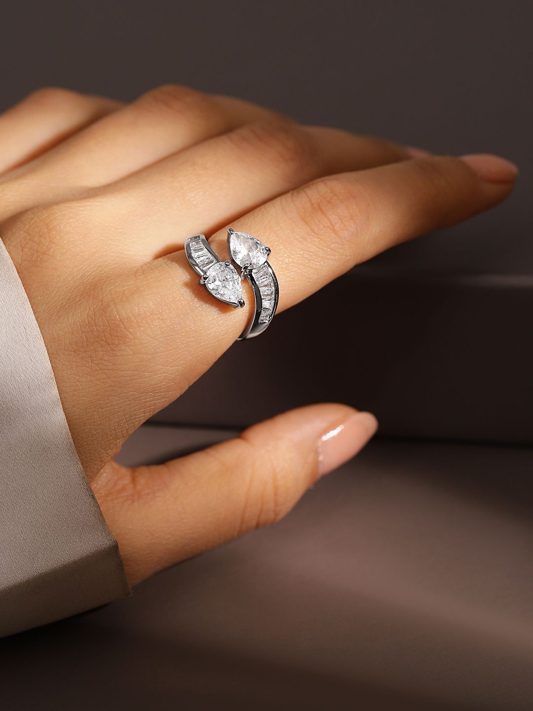 

Rubans Rhodium Plated Openable Adjustable Ring with Pear Cut & Baguette Cubic Zirconia, Silver