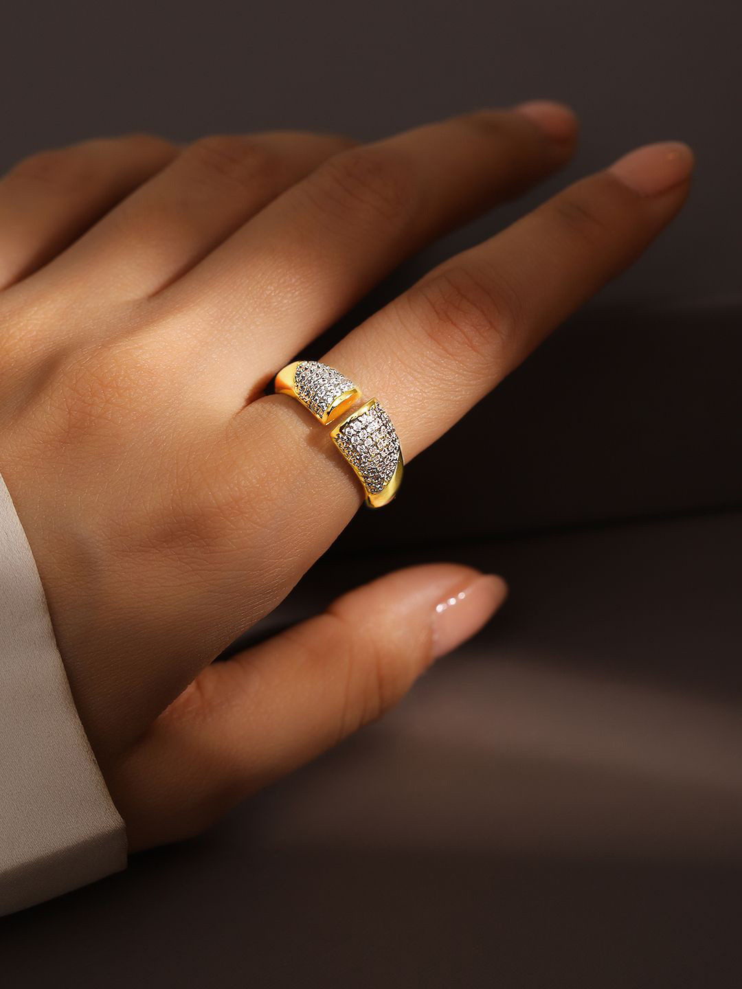 

Rubans 18K Gold Plated Cubic Zirconia Studded Openable Adjustable Statement Ring