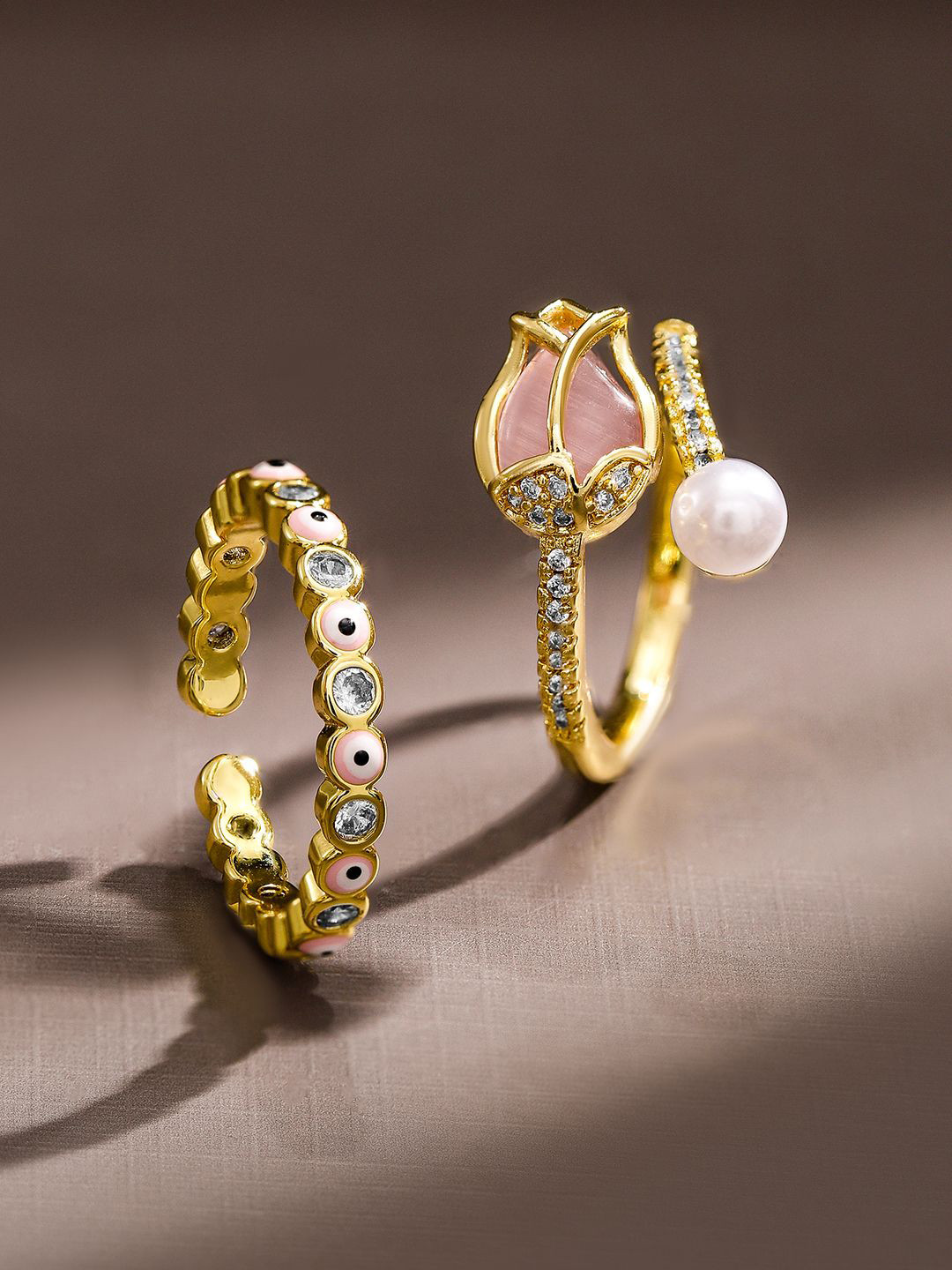 

Rubans Set of 2 18K Gold Plated Pink Enamel & Cubic Zirconia Studded Adjustable Rings